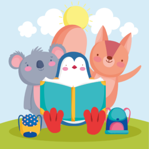 Illustration of koala, penguin and squirrel reading a book