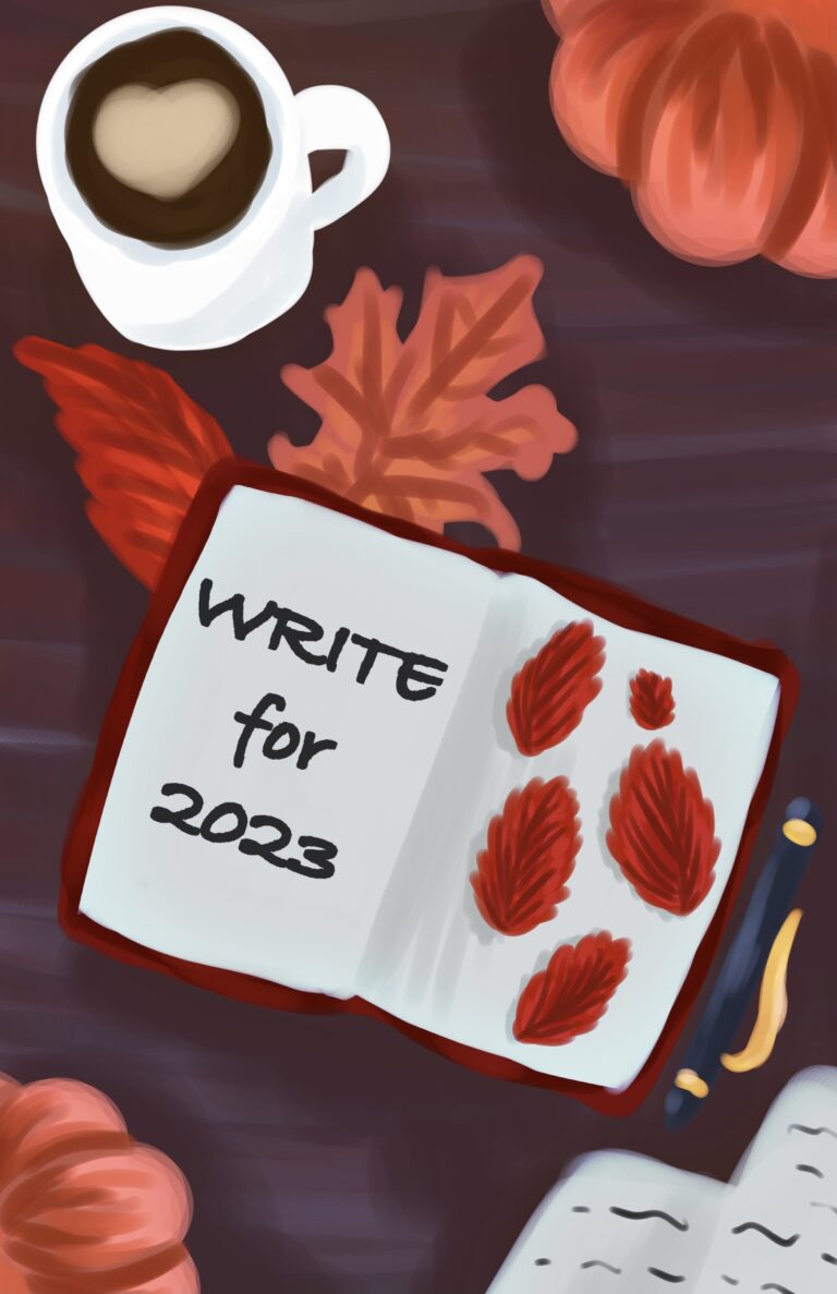 Cover of Write for 2023 Anthology depicting an open book with fall leaves and a cup of coffee