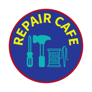 Repair Cafe logo, circle with text reading "repair cafe" and an illustration of screwdriver, hammer and needle and thread.